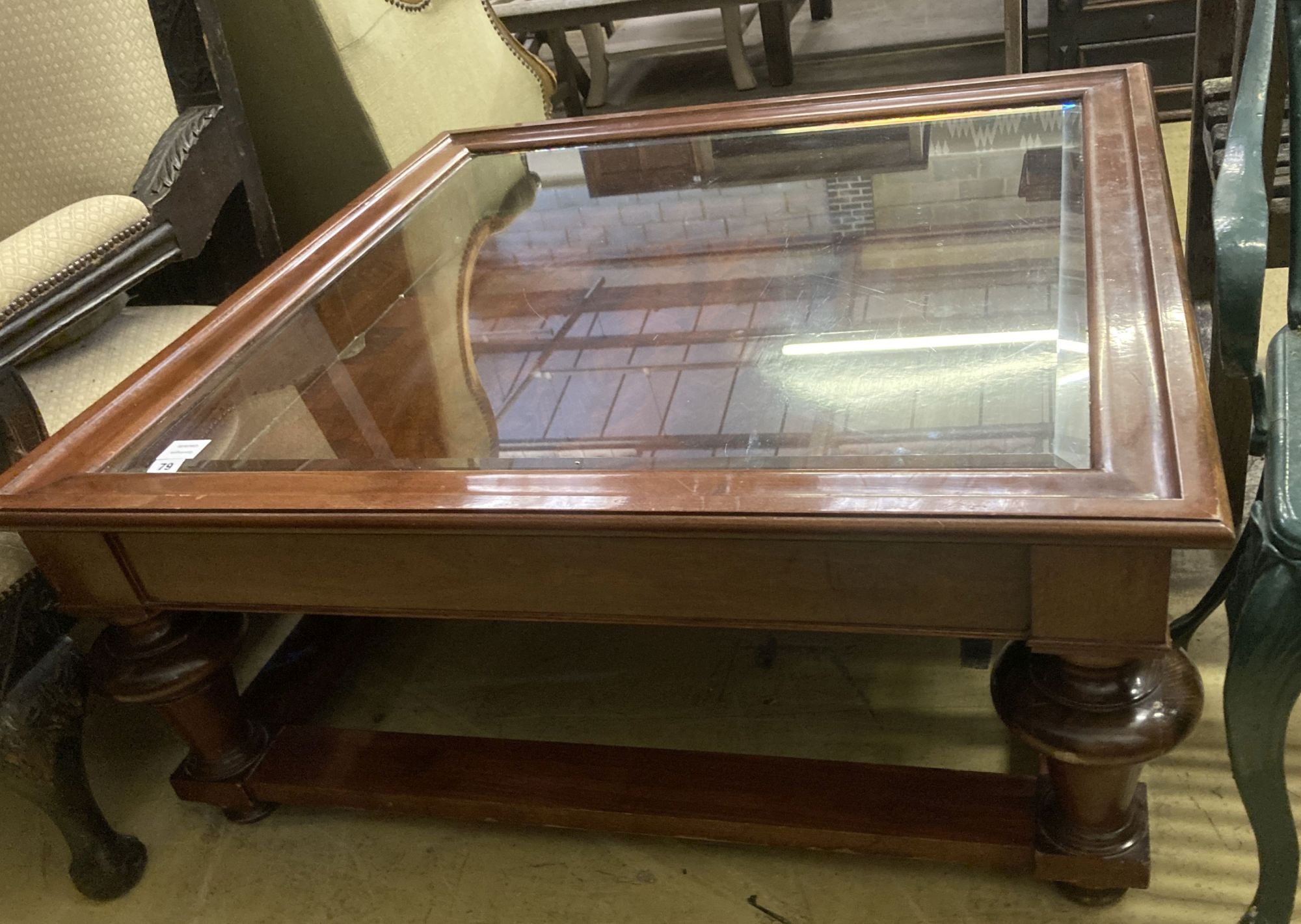 A reproduction walnut glass top square coffee table, 103cm, height 46cm